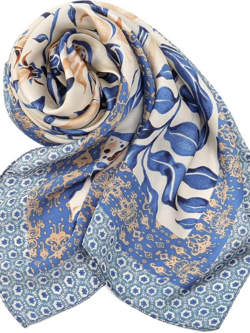 RIIQIICHY Blue White Floral Satin Head Scarf 27.5 NWT